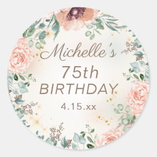 Elegant Pink Watercolor Floral 75th Birthday  Classic Round Sticker
