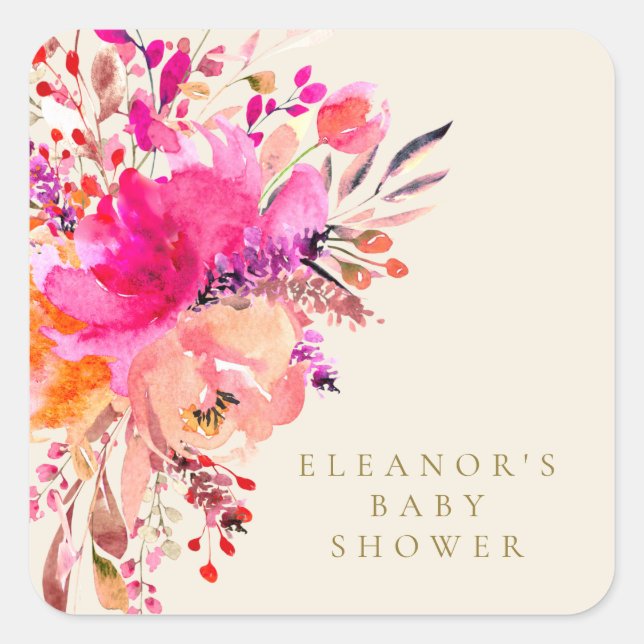 Elegant Pink Watercolor Floral Baby Shower Cream Square Sticker (Front)