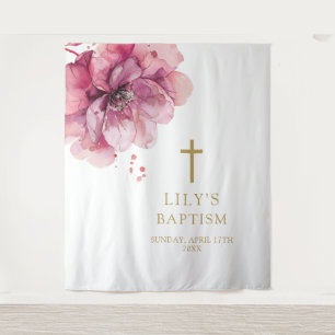 Elegant Pink Watercolor Floral Baptism Backdrop