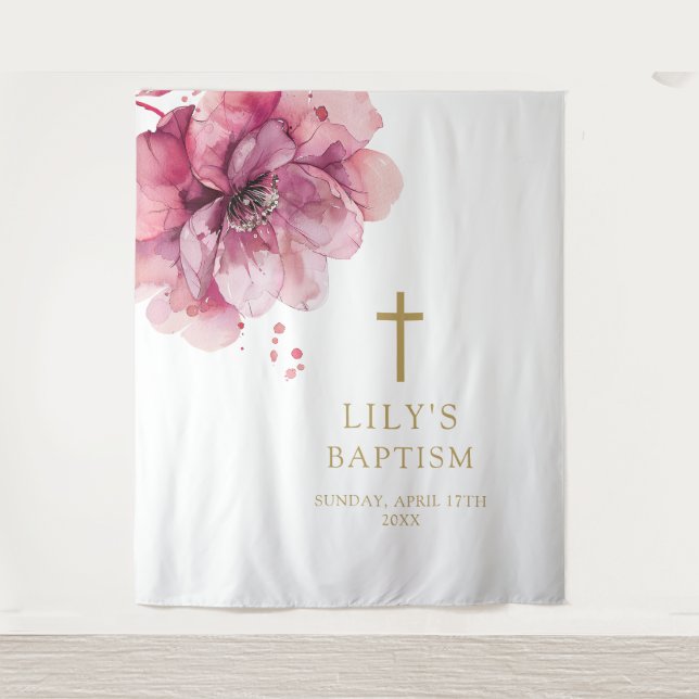 Elegant Pink Watercolor Floral Baptism Backdrop (Front)