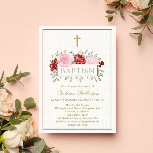Elegant Pink Watercolor Floral Baptism Invitation