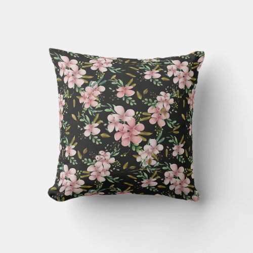 Elegant Pink Watercolor Floral Black Botanical  Outdoor Pillow