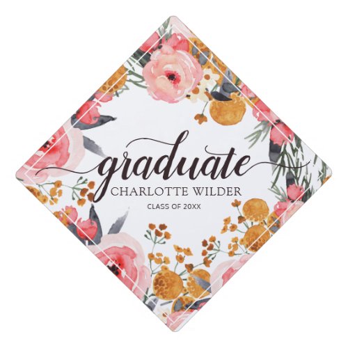 Elegant Pink Watercolor Floral Botanical Graduatio Graduation Cap Topper
