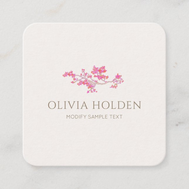 Elegant Pink Watercolor  Floral Branch Square Business Card (Front)