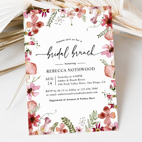 Elegant Pink Watercolor Floral Bridal Brunch Invitation