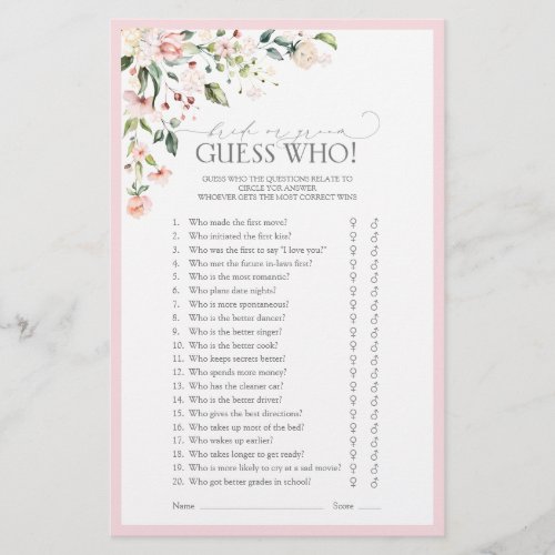 Elegant Pink Watercolor Floral Bridal Shower Game