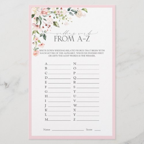 Elegant Pink Watercolor Floral Bridal Shower Game