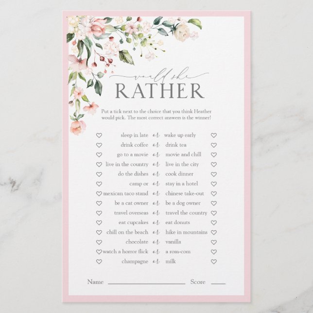 Elegant Pink Watercolor Floral Bridal Shower Game (Front)