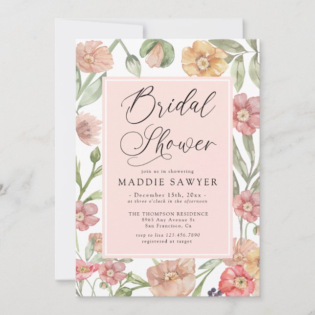 Elegant Pink Watercolor Floral Bridal Shower Invitation (Front)