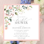 Elegant Pink Watercolor Floral Bridal Shower Invitation<br><div class="desc">Modern, elegant square bridal shower invitation featuring a floral bouquet of soft, watercolor roses in shades of blush pink, peach, and white, with lush green botanical leaves in shades of love and eucalyptus, and bordered in pink. Personalize your bridal shower details in soft off-black, accented with beautiful modern hand lettered...</div>