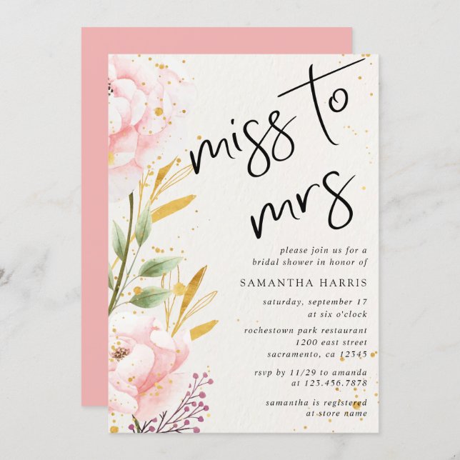 Elegant Pink Watercolor Floral Bridal Shower Invitation (Front/Back)