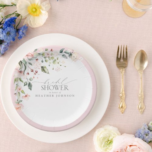 Elegant Pink Watercolor Floral Bridal Shower Paper Plates