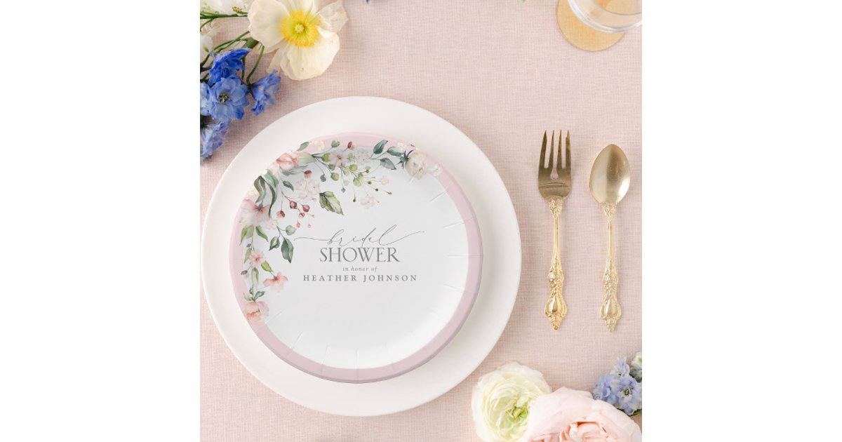 Elegant Pink Watercolor Floral Bridal Shower Paper Plates | Zazzle