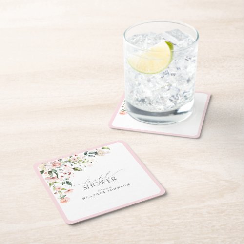 Elegant Pink Watercolor Floral Bridal Shower Square Paper Coaster