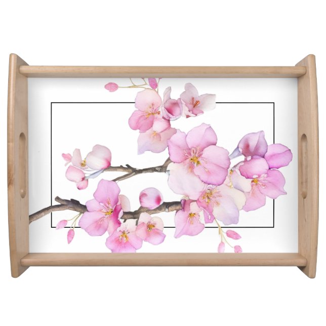 Elegant pink watercolor floral cherry blossoms serving tray (Front)