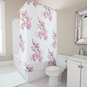 Elegant pink watercolor floral cherry blossoms shower curtain