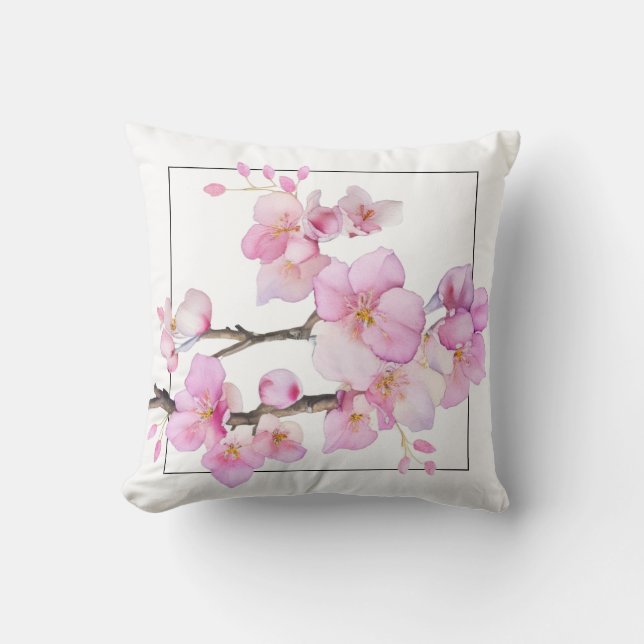 Elegant pink watercolor floral cherry blossoms throw pillow (Front)