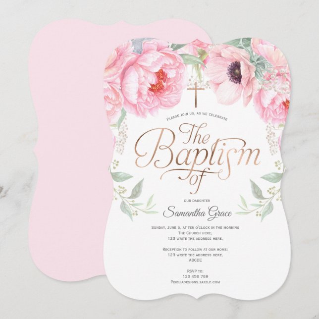 Elegant, Pink, Watercolor, Floral, Christening Invitation (Front/Back)