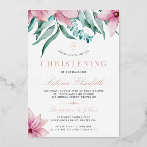 Elegant pink watercolor floral christening real  foil invitation