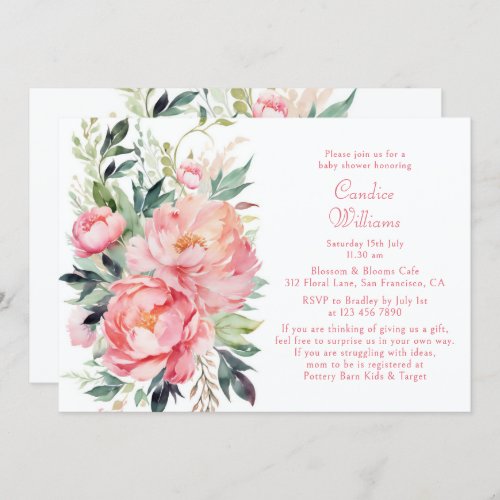Elegant Pink Watercolor Floral Couples Baby Shower Invitation
