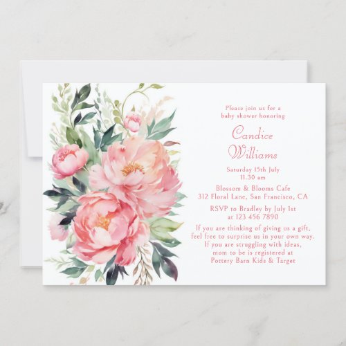 Elegant Pink Watercolor Floral Couples Baby Shower Invitation