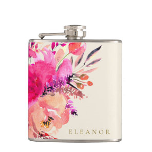 Elegant Pink Watercolor Floral Custom Bridal Party Flask