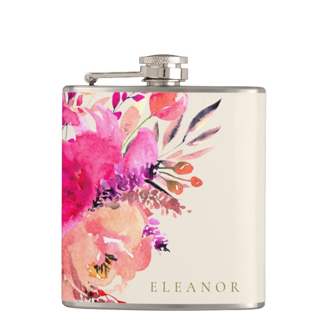 Elegant Pink Watercolor Floral Custom Bridal Party Flask (Front)
