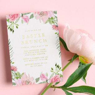 Elegant Pink Watercolor Floral Easter Brunch Foil Invitation