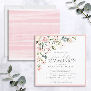 Elegant Pink Watercolor Floral First Communion Invitation