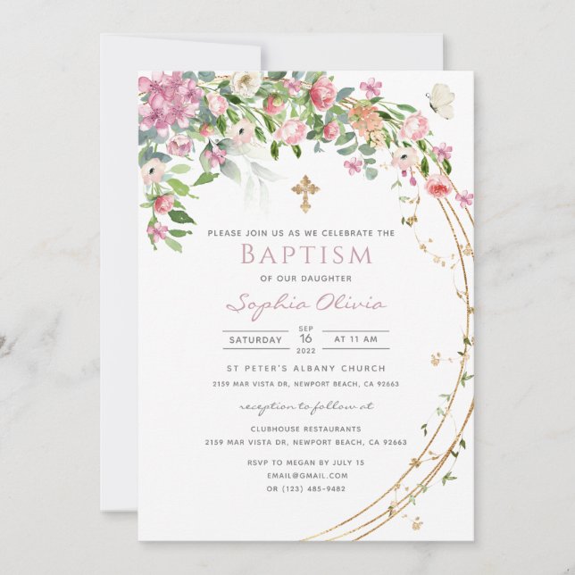 Elegant Pink Watercolor Floral Girl Baptism  Invit Invitation (Front)