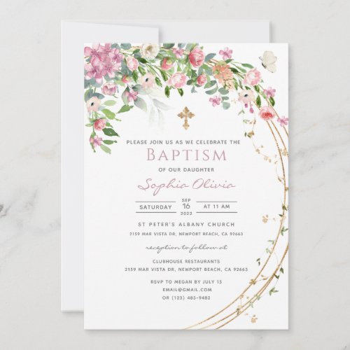 Elegant Pink Watercolor Floral Girl Baptism  Invit Invitation