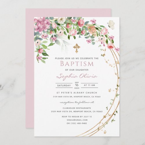 Elegant Pink Watercolor Floral Girl Baptism Invita Invitation