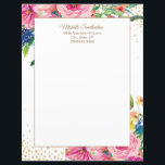 Elegant Pink Watercolor Floral Glitter Letterhead<br><div class="desc">Elegant pink watercolor floral and gold glitter personal letterhead. Contact me for assistance with your customizations or to request additional matching or coordinating Zazzle products for your stationery or office needs.</div>