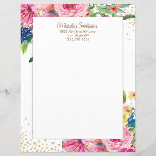 Elegant Pink Watercolor Floral Glitter Letterhead