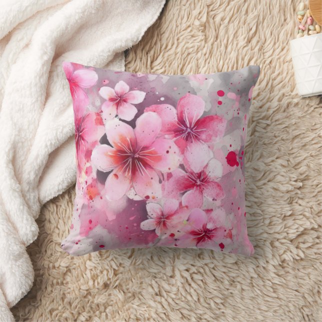Elegant Pink Watercolor Floral Gray Throw Pillow (Blanket)