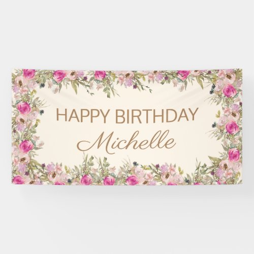 Elegant Pink Watercolor Floral Happy Birthday Banner