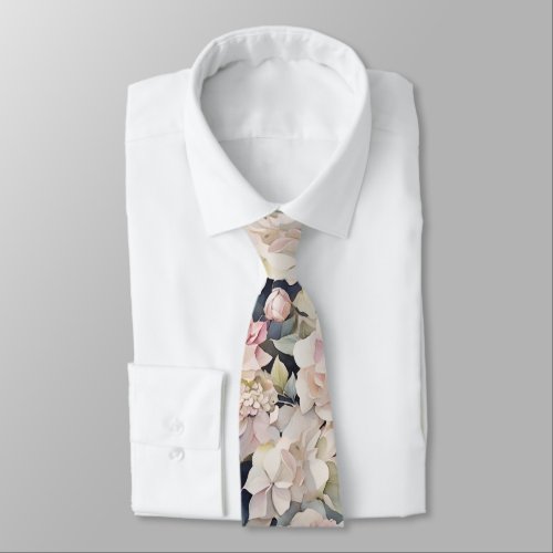 Elegant pink watercolor floral hydrangeas  neck tie