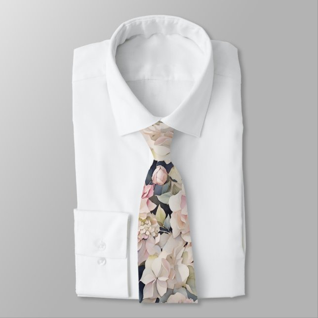 Elegant pink watercolor floral hydrangeas  neck tie (Tied)