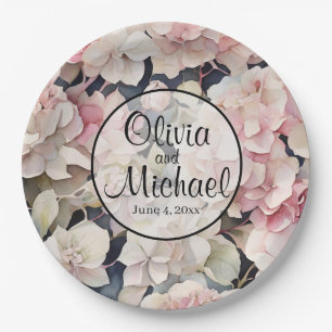 Elegant pink watercolor floral hydrangeas paper plates