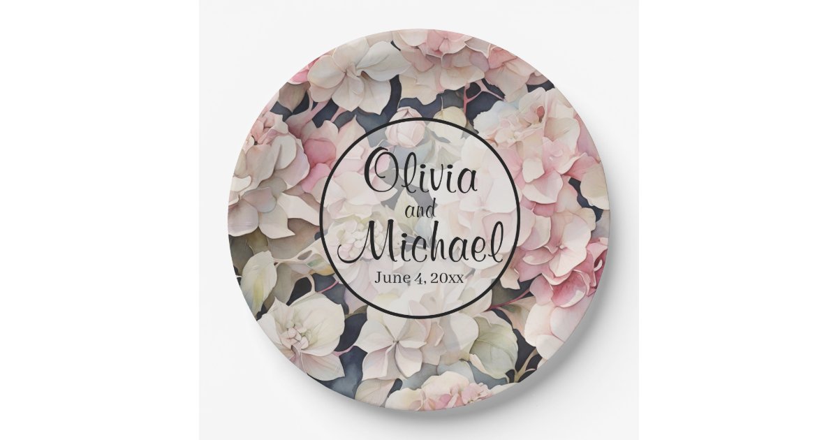 Elegant pink watercolor floral hydrangeas paper plates | Zazzle