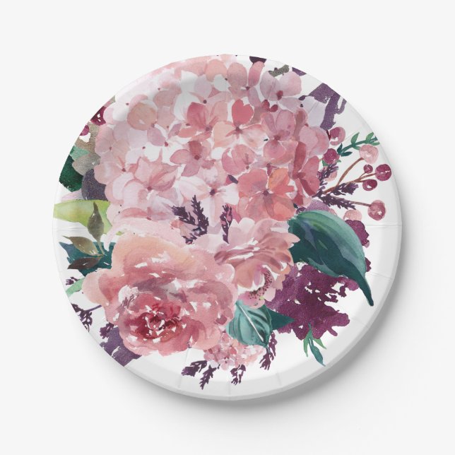 Elegant Pink Watercolor Floral | Hydrangeas Paper Plates (Front)