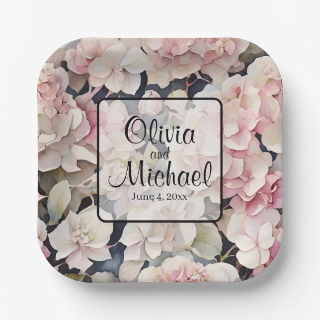 Elegant pink watercolor floral hydrangeas  paper plates (Front)
