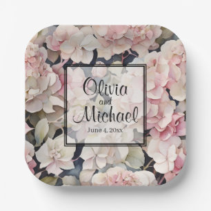 Elegant pink watercolor floral hydrangeas paper plates