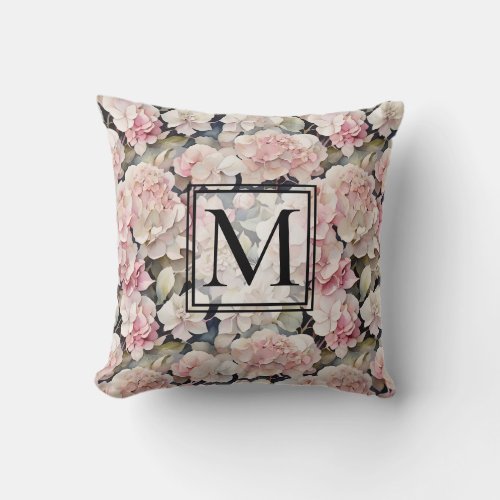 Elegant pink watercolor floral hydrangeas  throw pillow