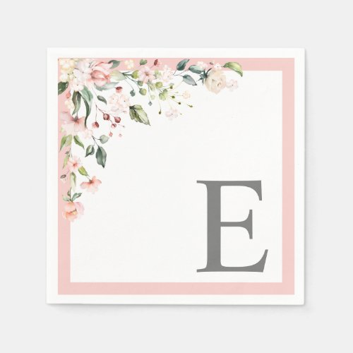 Elegant Pink Watercolor Floral Initial Monogram Napkins