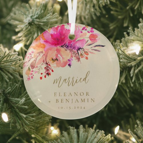 Elegant Pink Watercolor Floral Married Customized  Glass Ornament