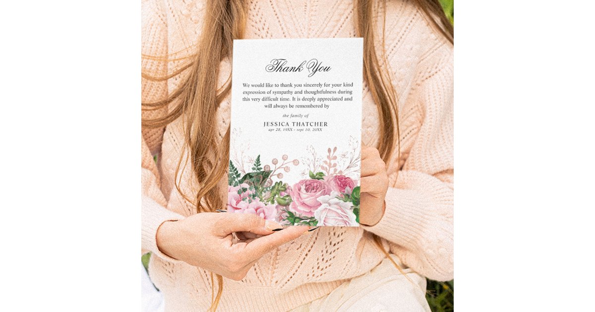 Elegant Pink Watercolor Floral Memorial Thank You Card | Zazzle