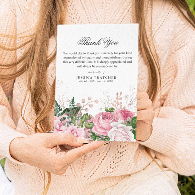 Elegant Pink Watercolor Floral Memorial Thank You Card | Zazzle