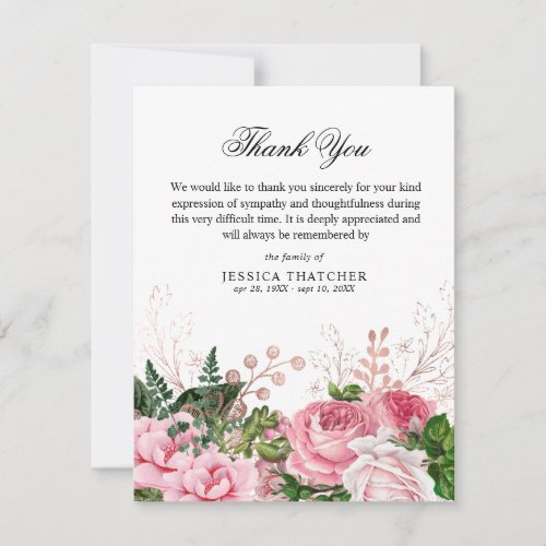 Elegant Pink Watercolor Floral Memorial Thank You Card