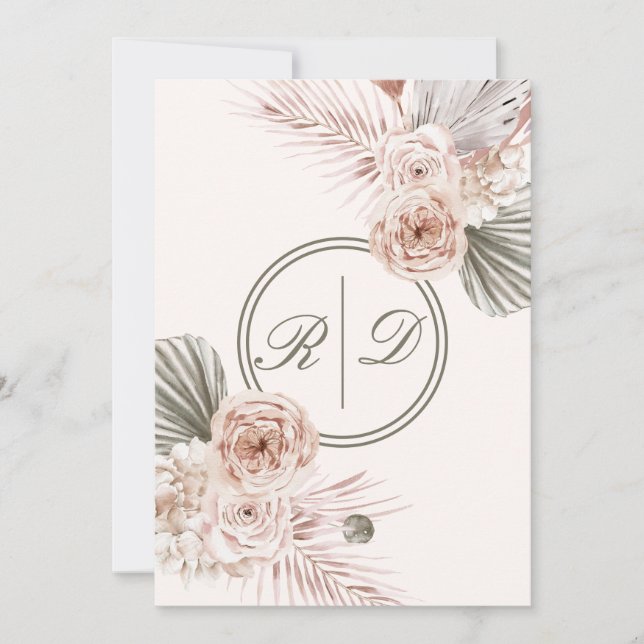 Elegant Pink Watercolor Floral Monogram Wedding In Invitation (Front)